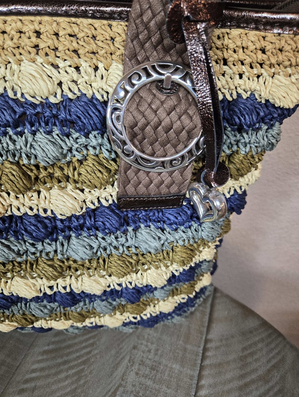 Brighton Woven Striped Crochet Tote Bag in Blue, Green & Cream - Picture 4 of 14